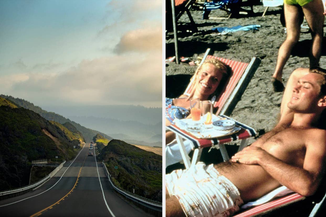 Left: Highway winding through hilly terrain. Right: Two people lounging on beach chairs, one with bandaged leg