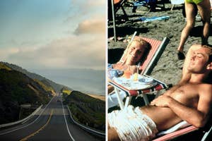 Left: Highway winding through hilly terrain. Right: Two people lounging on beach chairs, one with bandaged leg