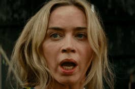 Two side-by-side images of Emily Blunt in a tense scene with the word "RUN" on the right