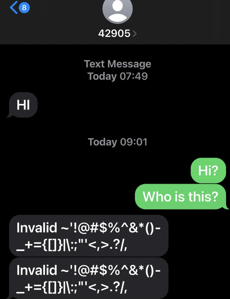 A smartphone screen showing a text message conversation with an unknown contact, including a greeting and a reply with a question