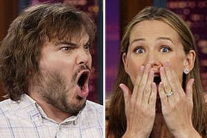 Man and woman with shocked expressions; woman covers mouth with hands, man yells to the side