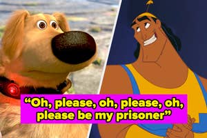 Animated characters Dug from 'Up' and Kronk from 'The Emperor's New Groove' with a quote bubble