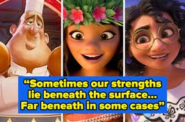 Three animated characters: Chef Skinner, Moana, and Luca, with a motivational quote