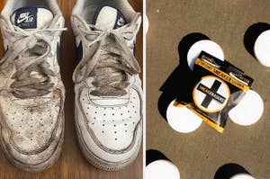 Before and after comparison of dirty and clean sneakers with a sneaker cleaner product