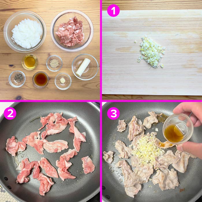 画像は、鶏肉の調理手順を4つのステップで示しています。