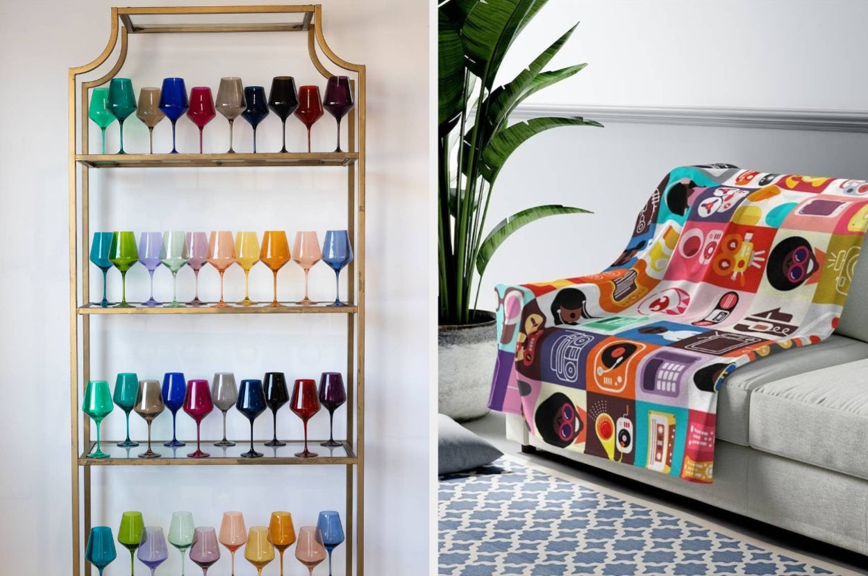 Assorted glassware on shelves, vibrant throw blanket with pop culture icons on sofa