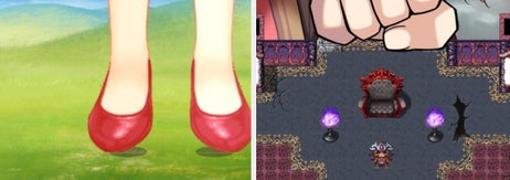 赤い靴を履いたキャラクターの足元と、ゲームの画面で手が握られるシーン。