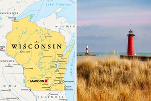 Split image; left shows a map of Wisconsin, right displays a distant lighthouse with foreground grass