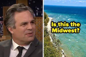 Mark Ruffalo thinking and a view of blue water with a white sand beach and the words "is this the midwest?"