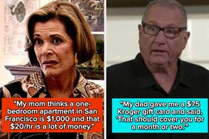 Two scenes from a TV show with adult children quoting their parents on financial misunderstandings