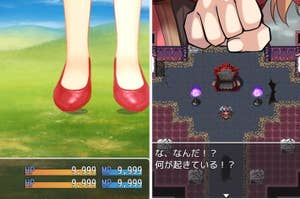 赤い靴を履いたキャラクターの足元と、ゲームの画面で手が握られるシーン。