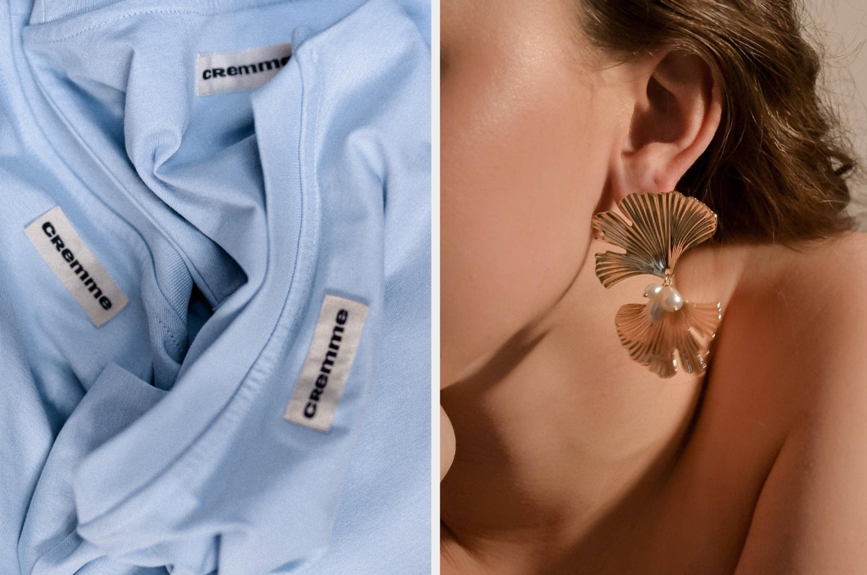 Clothing labels with brand name "Cremm" and a close-up of an earring with floral design