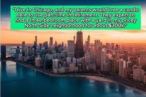 Aerial view of a city skyline at dusk with overlaid text about someone discussing real estate preferences for their parents