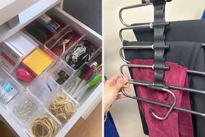 on the left clear drawer organizers, on the right an s-shaped hanger that can hold five pairs of pants