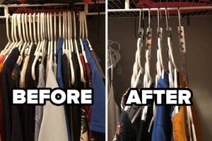 Closet before and after organization showing improvement in space usage with cascading hangers