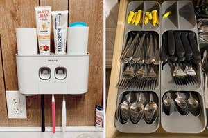 on the left a wall-mounted toothbrush holder with toothpaste and personal care items, on the right a drawer organizer with utensils neatly sorted