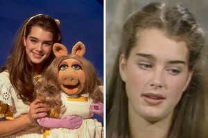 Split screen of Brooke Shields at a young age on the left and current age on the right during interviews