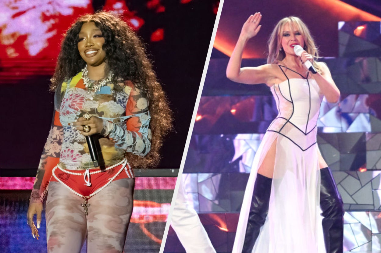 Left: Person with curly hair in a floral top and jeans performs. Right: Performer sings in a white and black outfit