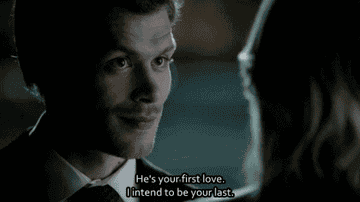 Close-up of Klaus Mikaelson from &#x27;The Originals&#x27; with subtitles expressing a romantic intent