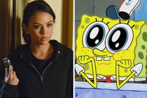 Two side-by-side images: Olivia Munn in a dark top, and SpongeBob SquarePants smiling