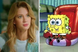 Split image: Left, woman with wavy hair; Right, SpongeBob SquarePants seated on a chair