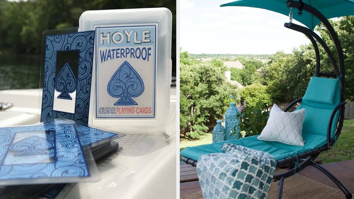 Hoyle waterproof playing cards displayed on boat railing; patio swing chair and matching decor on a deck
