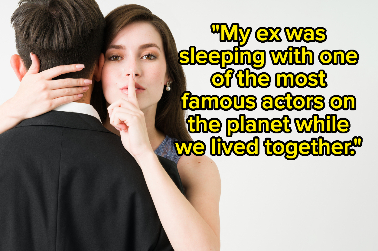 Woman whispering secret to a man, both dressed formally, with a text overlay of a personal confession