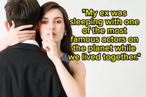 Woman whispering secret to a man, both dressed formally, with a text overlay of a personal confession