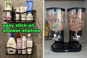 Shower corner with stick-on shelves holding various products; dual cereal dispenser with different cereals