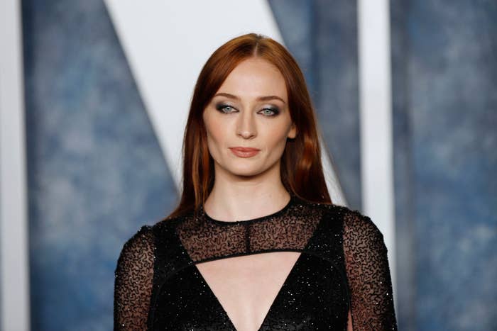 Sophie Turner posing in a sheer dress with geometric patterns at an event