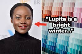 Lupita Nyong'o smiling, next to a palette with the quote "Lupita is a bright winter..."