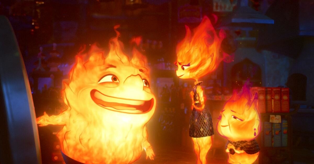 Three animated flame characters in a scene, one large and two smaller, with expressive faces