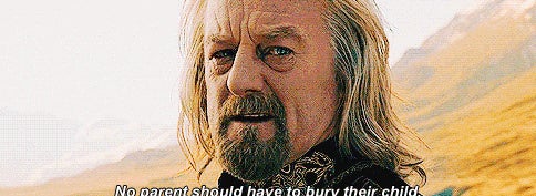 Theoden, a character from The Lord of the Rings, looks sorrowful; text overlay: &quot;No parent should have to bury their child.&quot;