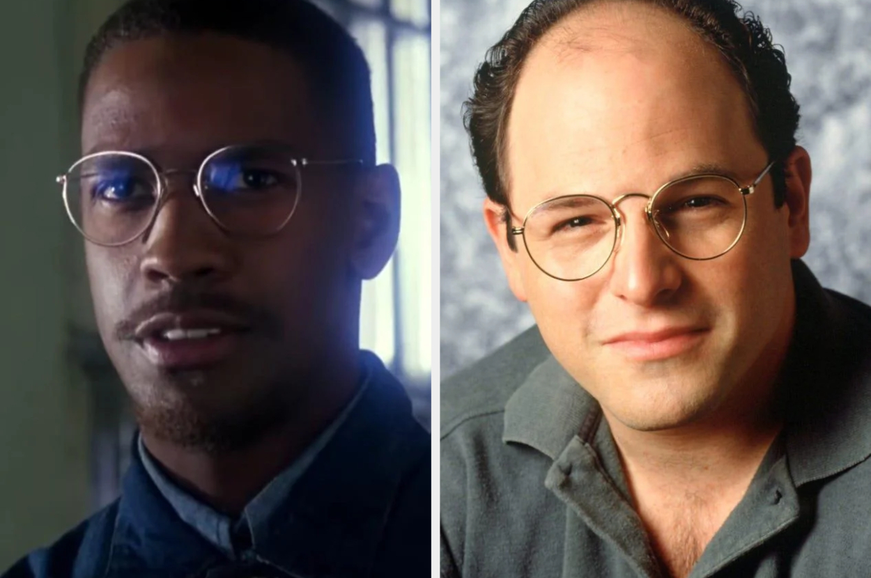 Side-by-side of two characters wearing round glasses, one from a sci-fi setting, the other a sitcom