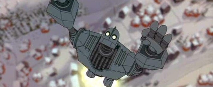 Iron Giant character is shown falling with outstretched arms amidst debris
