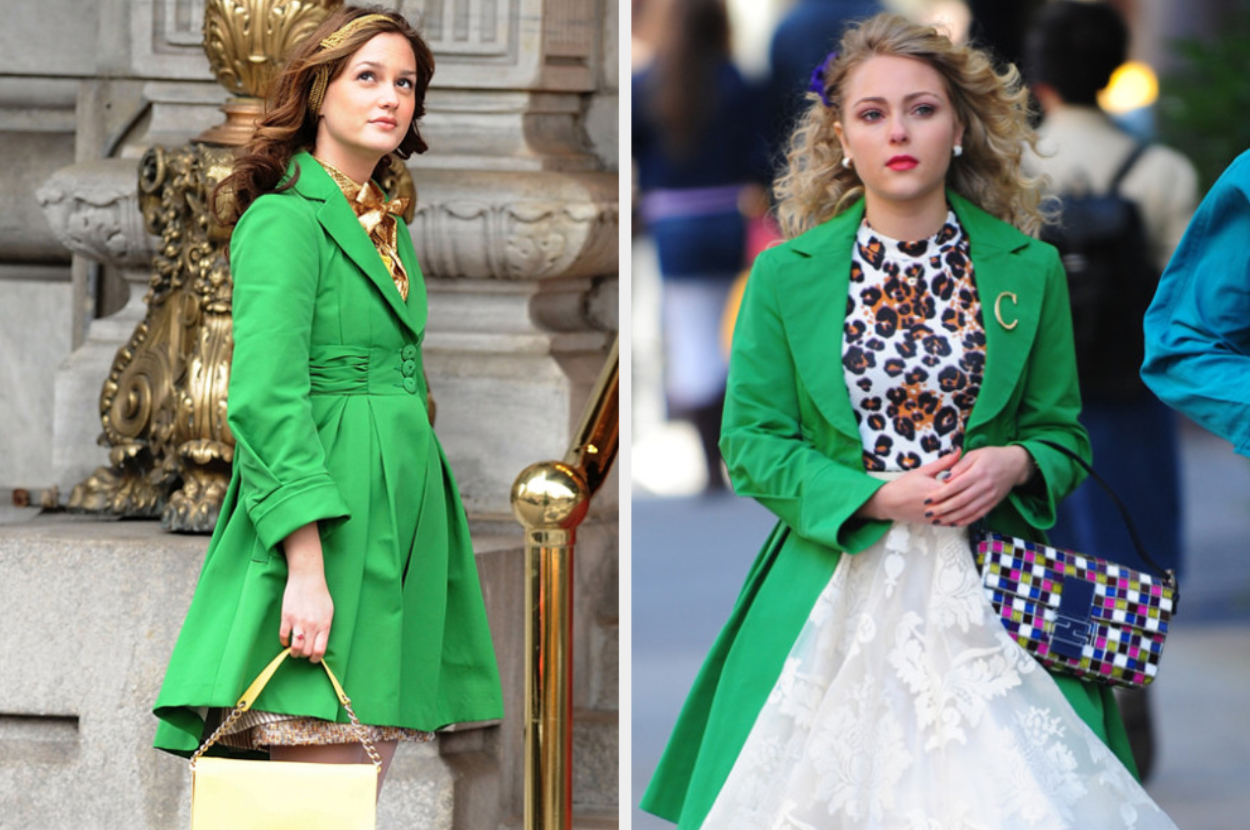 Two characters from Gossip Girl in stylish outfits; one in a green coat and gold accessories, the other in a green jacket over a dress with a colorful bag
