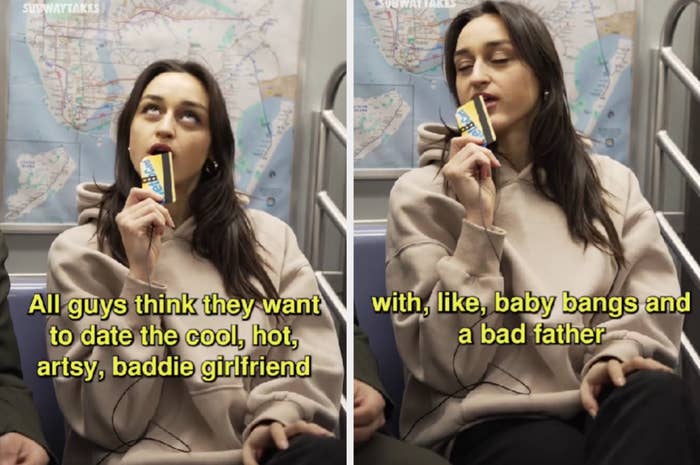 Two-panel meme of a woman with a MetroCard, mocking unrealistic dating expectations