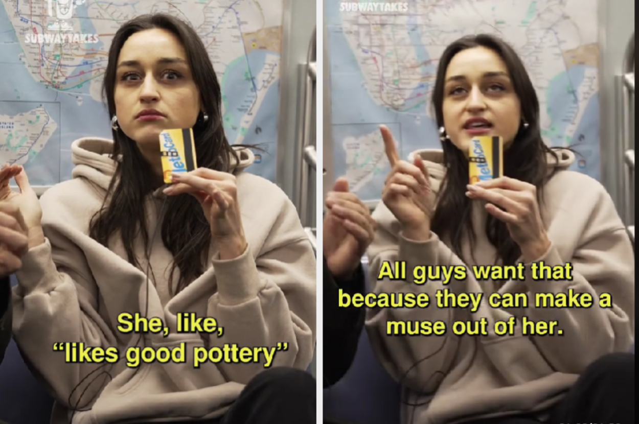 A woman sits on a subway, holding a MetroCard, with two captions about pottery and muses