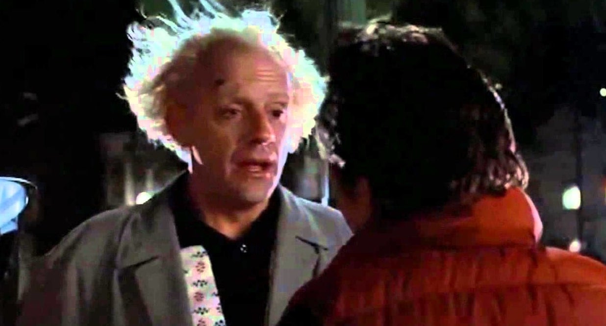 Elsa from Frozen and Kim Kardashian are not in this image. Alt-text: Two characters from Back to the Future, Doc with wild hair in a lab coat and Marty in a red vest