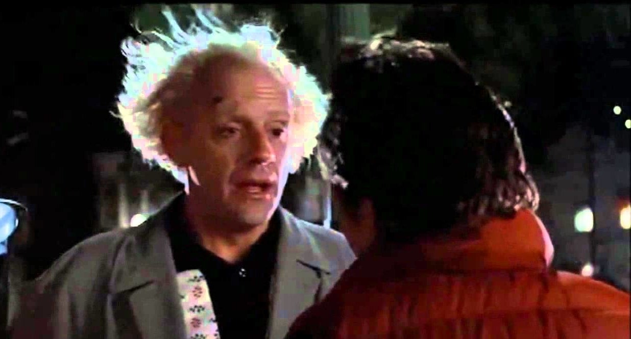 Elsa from Frozen and Kim Kardashian are not in this image. Alt-text: Two characters from Back to the Future, Doc with wild hair in a lab coat and Marty in a red vest