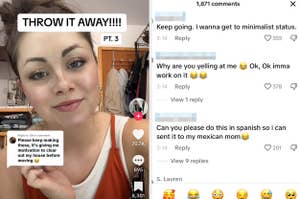 Woman reacts to comments on her cleaning motivation video; includes emoji replies and viewer engagement