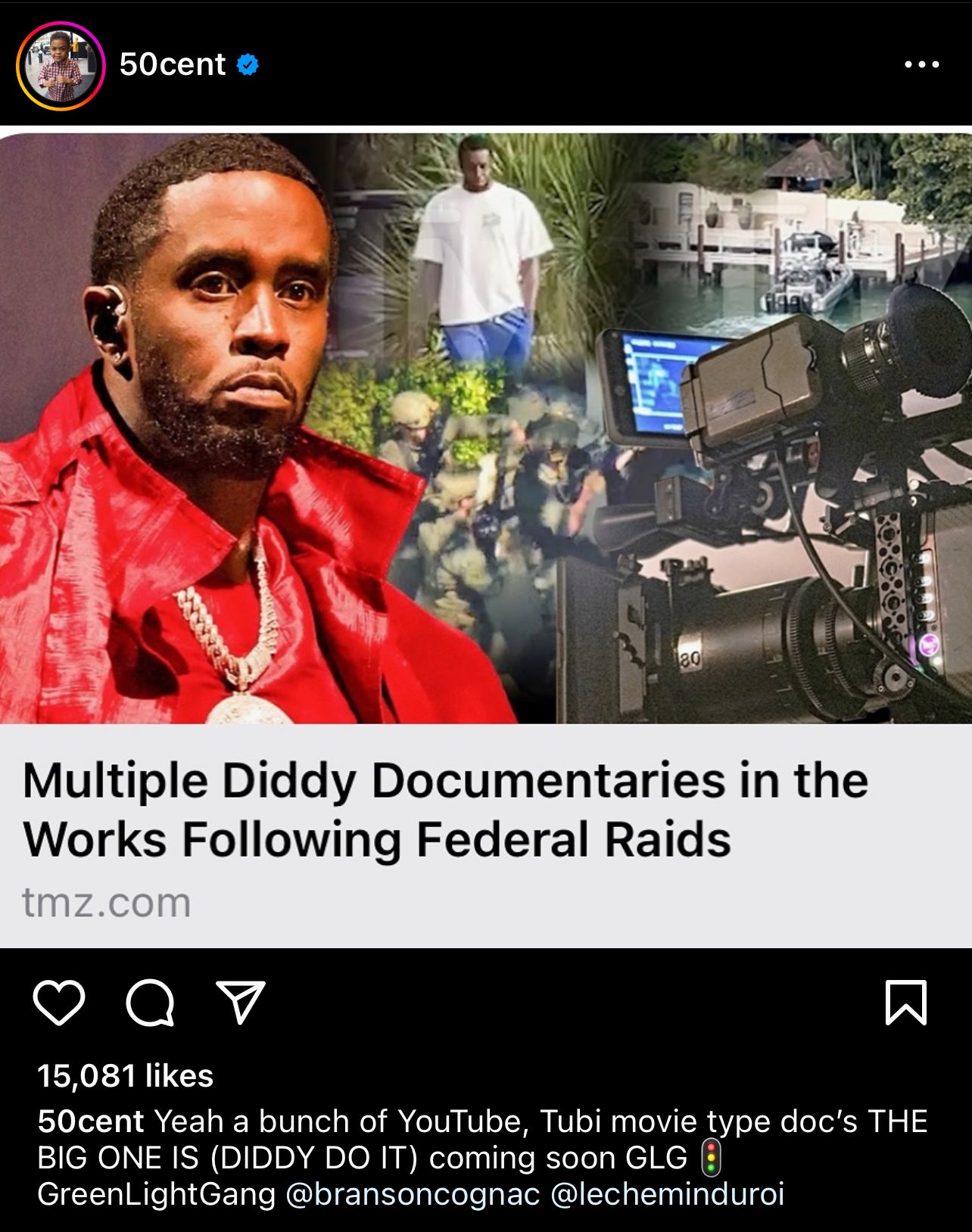 Sean Combs in a red jacket with fur collar, on TMZ article about music documentaries