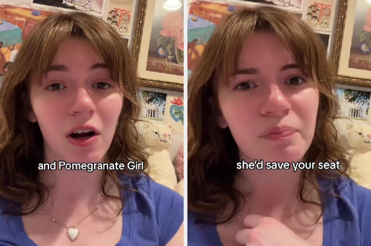 Young woman talking to camera with captions &quot;and Pomegranate Girl&quot; and &quot;she&#x27;d save your seat&quot; visible