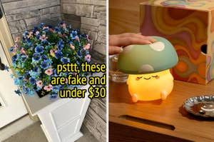 reviewers outdoor faux floral arrangement and model pressing squishy mushroom light