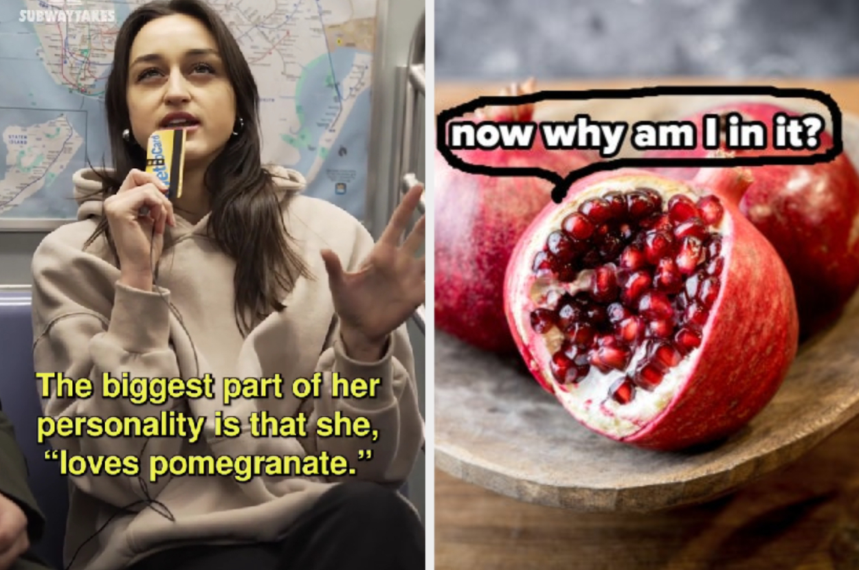 Split image: Left - Person on subway with snack; Right - Text &quot;now why am I in it?&quot; over pomegranate