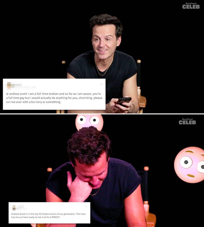 Andrew Scott sits wearing a casual black top during an interview with two reaction frames