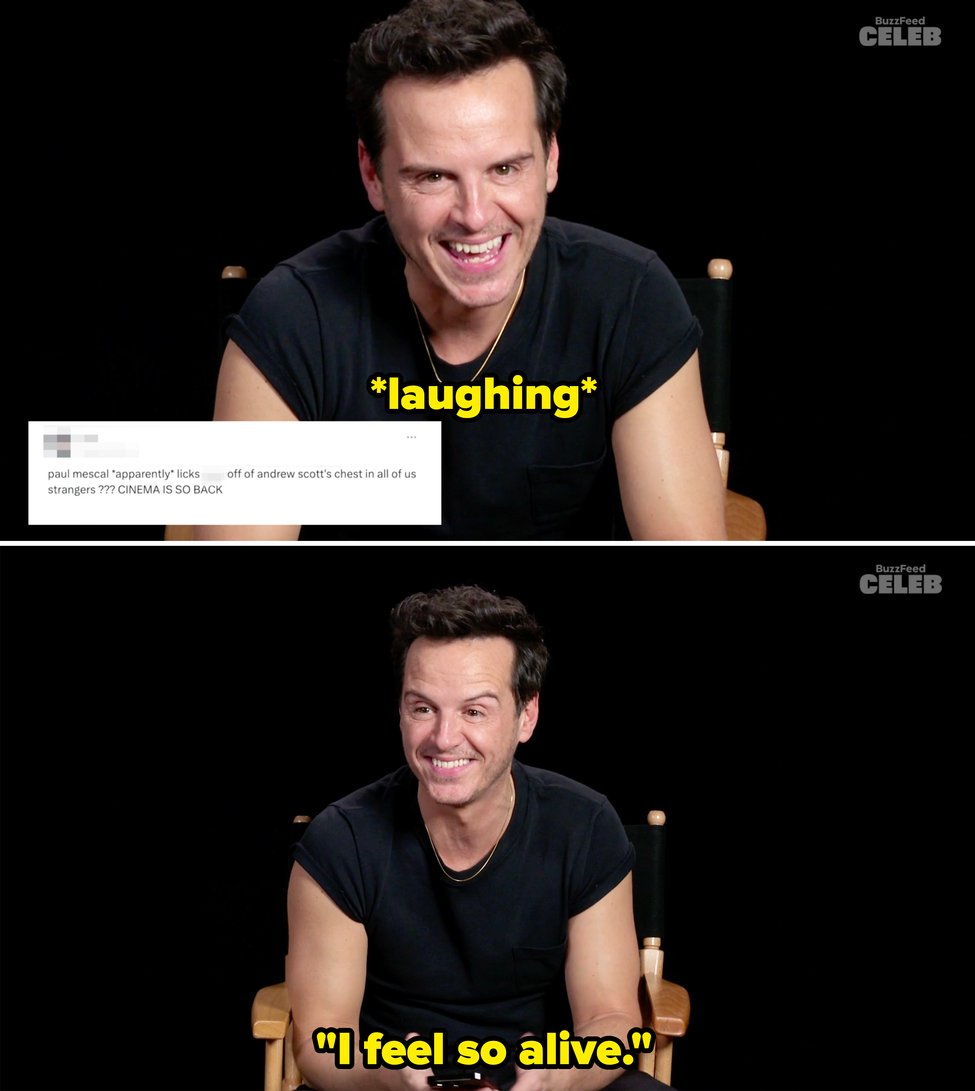 Andrew Scott, seated, reacts with a smile in front of a dark background. Text overlay from a tweet included