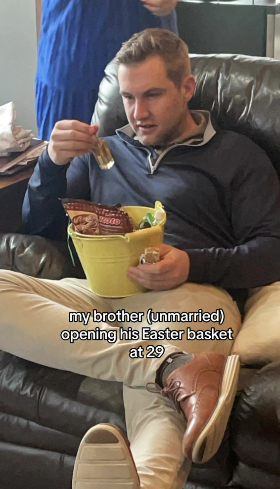Man sitting, eating from a bowl, with text about his age and marital status on Easter