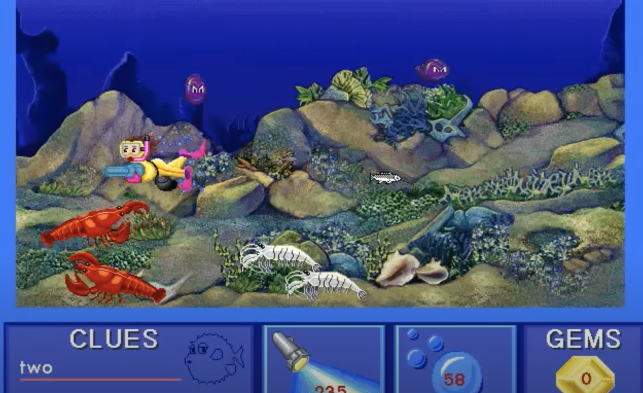 Animated character in an underwater scene with marine life and collectible items