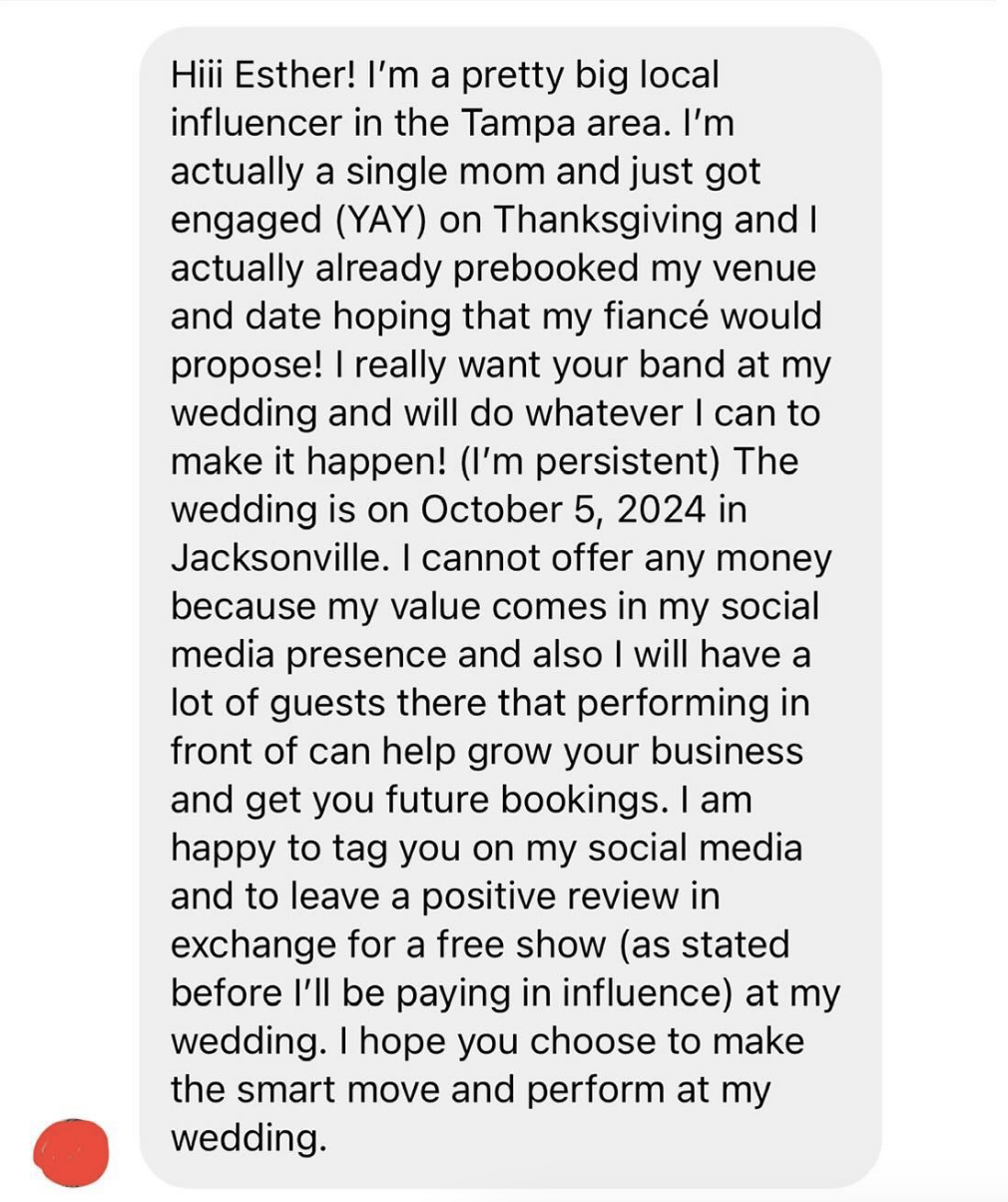 Message from a person excited about an engagement and discussing potential wedding plans and collaborations on October 5, 2024, in Jacksonville